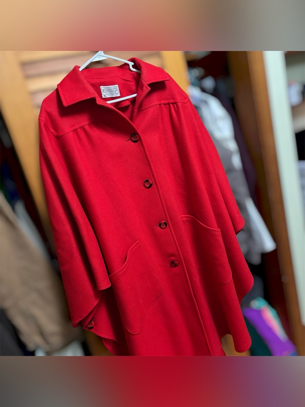Vintage Pendleton Red 100% Wool Cape Shawl Poncho Coat Jacket USA Made One Size